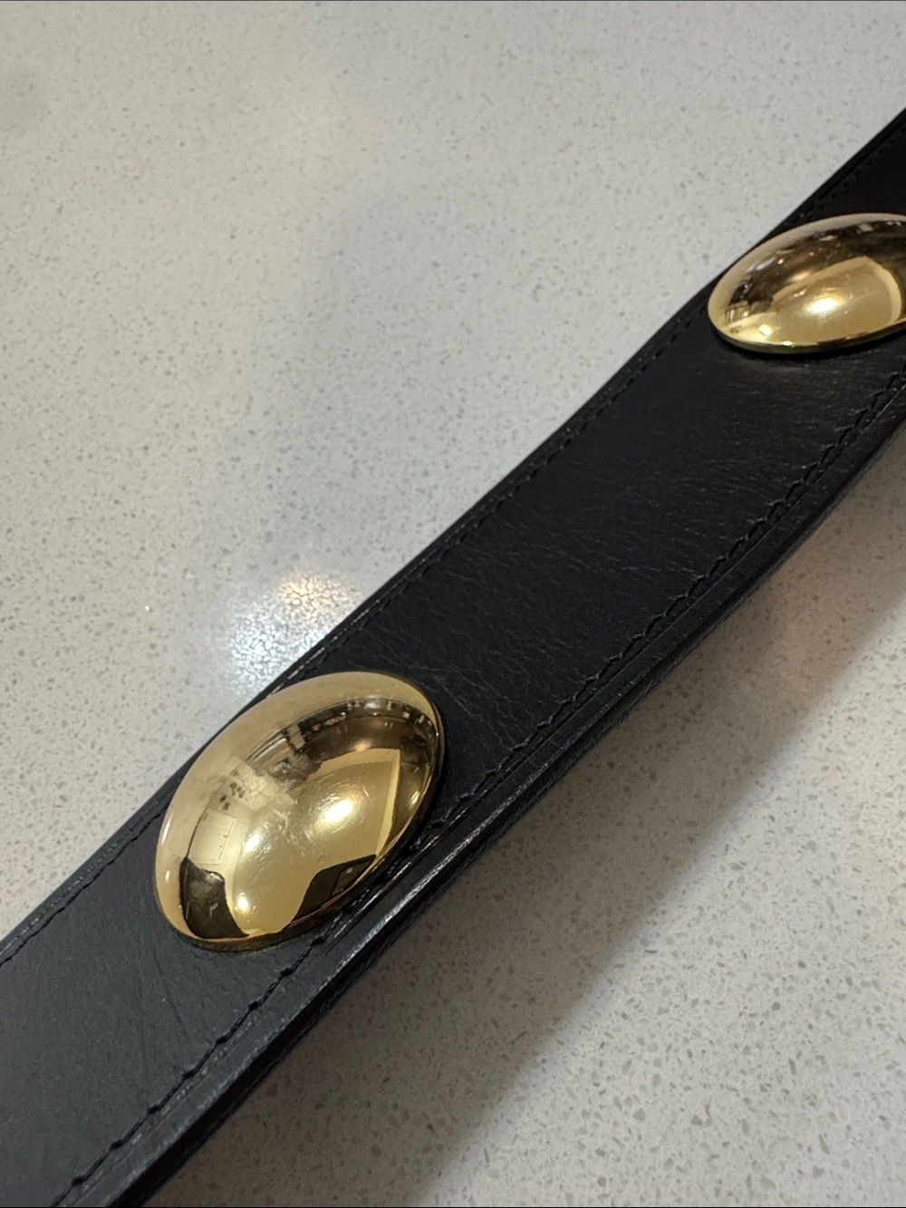 Vintage black leather belt with brass buckle & gold circles- small (as is scuff) - Picture 10 of 16